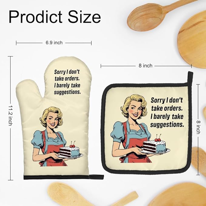 DYJYBMY Sorry I Don't Take Orders and I Barely Take Suggestions Funny Oven Mitts and Pot Holder Set, Funny Vintage Lady Kitchen Gadgets for Women, Housewarming Gifts for Chef Friend Mom Sister BFF