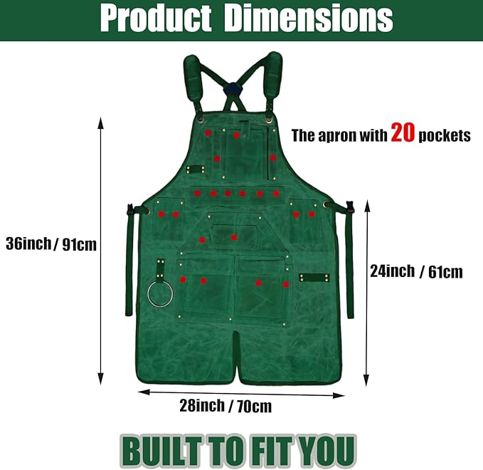 20-Pocket Heavy-Duty Waxed Canvas Work Apron – Fully Adjustable, Vintage Style Tool Organizer