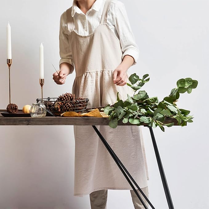Uaussi Cotton Linen Apron Cross Back Work Apron for Women with Pockets Pinafore Dress X Cross Halter Apron for Chef Gardening