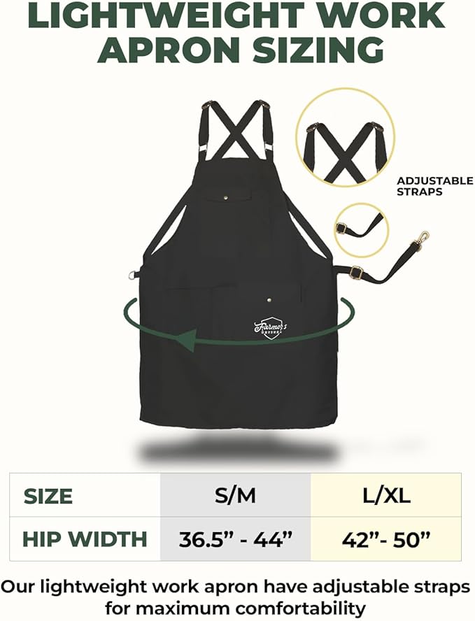 FARMER'S DEFENSE Lightweight Garden Apron with Canvas Pockets | Waterproof, Adjustable, Stick Resistant, Eco-Friendly, Durable | Outdoor Gardening Work and Kitchen Cooking Tasks | Black - L/XL