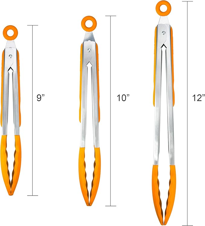 3 Pack Orange Kitchen Tongs, Premium Silicone BPA Free Non-Stick Stainless Steel BBQ Cooking Grilling Locking Food Tongs, 9-Inch 10-Inch & 12-Inch