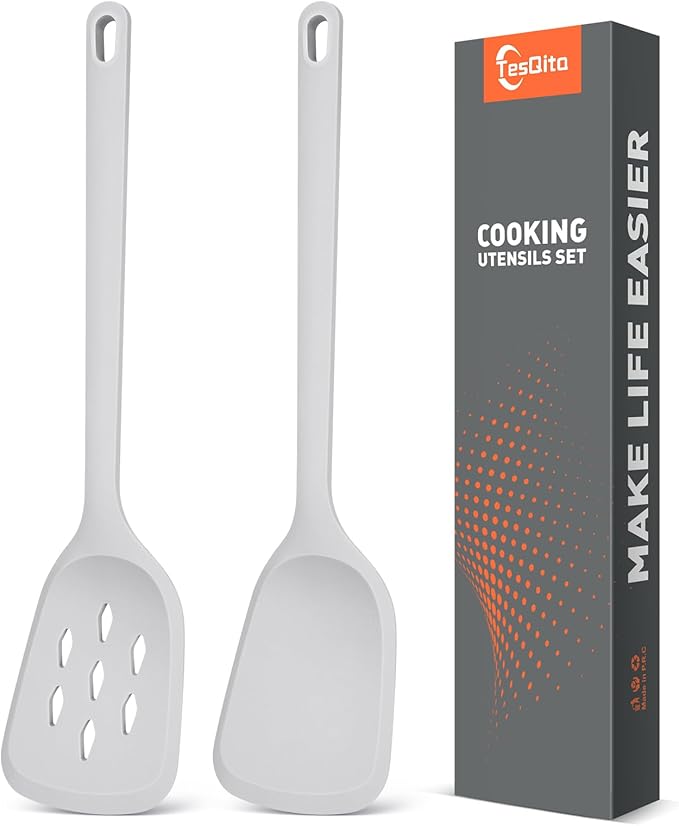 Silicone Cooking Spatula&Slotted Spatulas, Pack of 2,Solid Turner Kitchen Utensils Set for Cooking,Frying, Baking, Flipping, Turning,Heat Resistant 450℉ (GRAY)