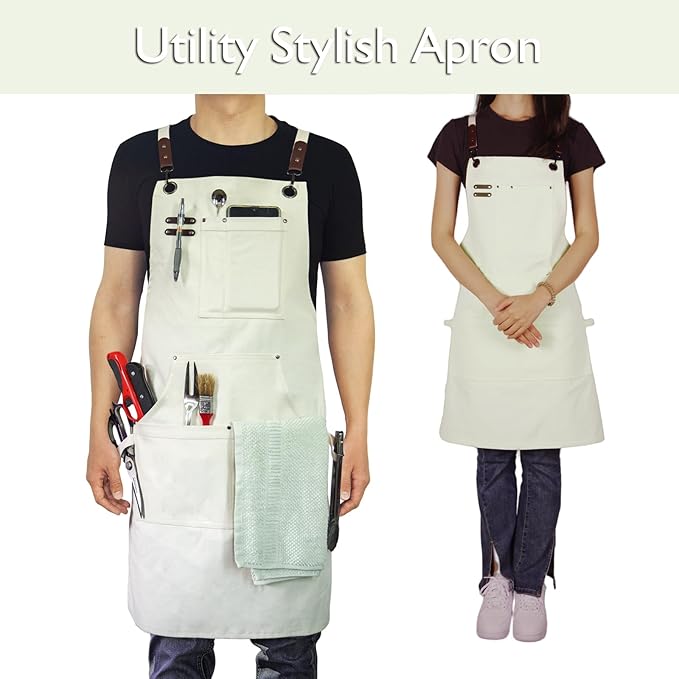 Kitchen Apron, Work Apron, Canvas, Multiple Pockets, Gardening, Painting, BBQ, Artist, Carpenter, Sizes M to XXL, White