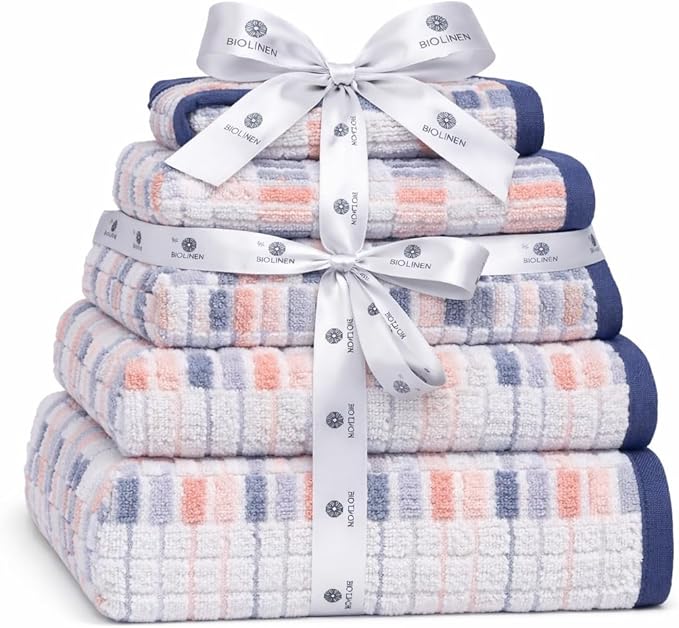 BIOLINEN 6-Piece Luxury Cotton Towel Set Blue - 2 Bath Towels, 2 Hand Towels, 2 Washcloths - Soft Absorbent Towel Pack for Bathroom, Home, Gym & Travel