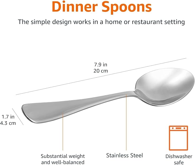 Amazon Basics Stainless Steel Dishwasher Safe Dinner Spoons with Round Edge, Large Tablespoons, 7.9 inches, 120 Count Total, Silver, 10-Pack of 12