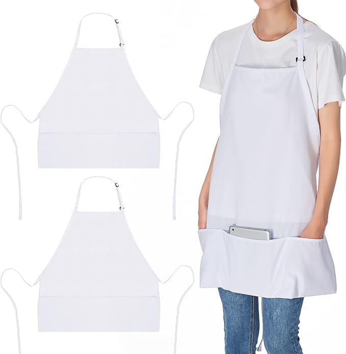 Jubatus 2 Pack 3 Pockets Adjustable Bib Apron Chef Kitchen Cooking Aprons for Women Men, White