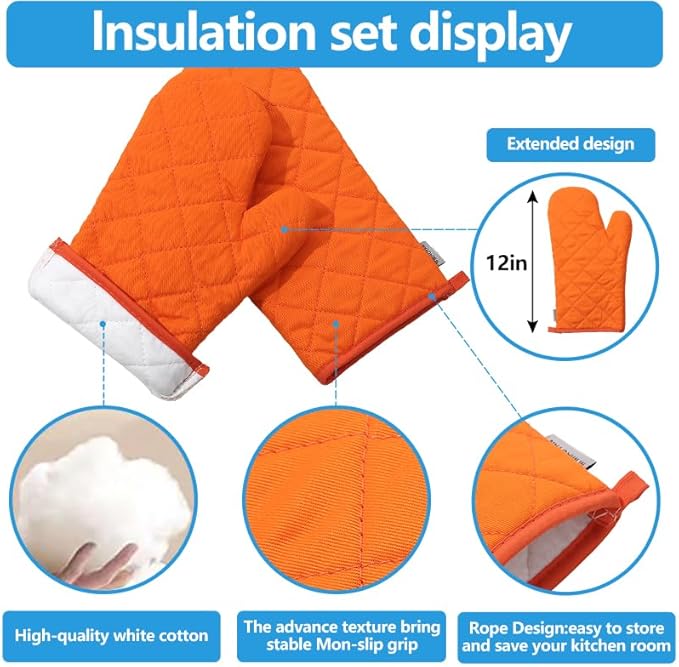 Oven Mitts and Pot Holders 4 pcs Set,High Heat Resistant 500 Degree Extra Thicken Long Kitchen Cotton Oven Glove for Cooking (12 Inch,Orange)…