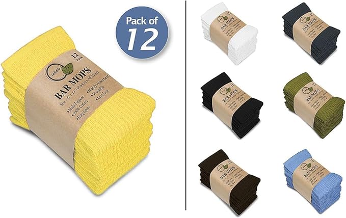 Softolle Bar Mop Towels, Pack of 12-16x19 Inches - 100% Cotton Super Absorbent Towels, Multi-Purpose for Home and Bar Cleaning (Yellow)