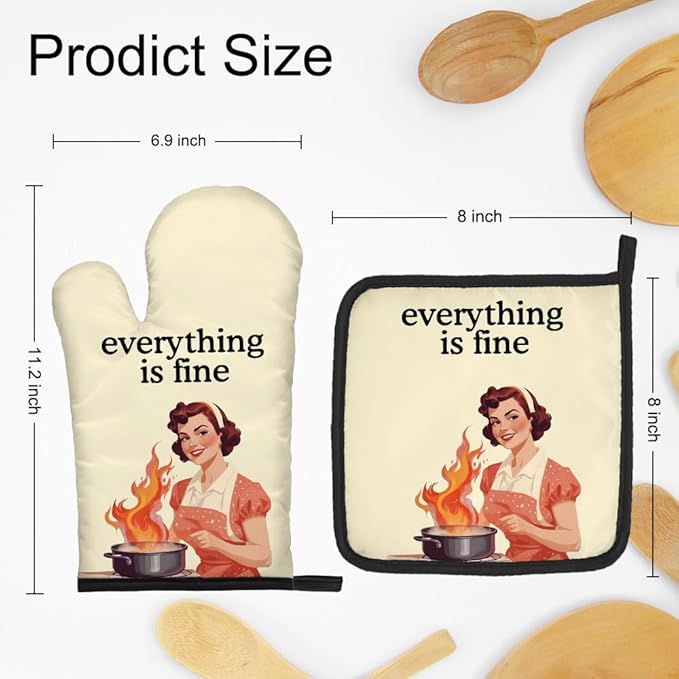 DYJYBMY Everything Is Fine Funny Oven Mitts and Pot Holder Set, Vintage Lady Kitchen Gadgets for Women Bake Lover, Housewarming Gifts for Hostess Chef Friend, Baking Gifts for Mom Wife Aunt Sister BFF