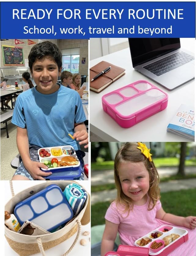 Bento Lunch-Box For Kids And Adults: Lunch Boxes With 4 Sealed Compartments, Divided Containers For Boys Girls Women Men - School Work Portion Container, Utensils, Blue + Rose Pink 2 Pack Set