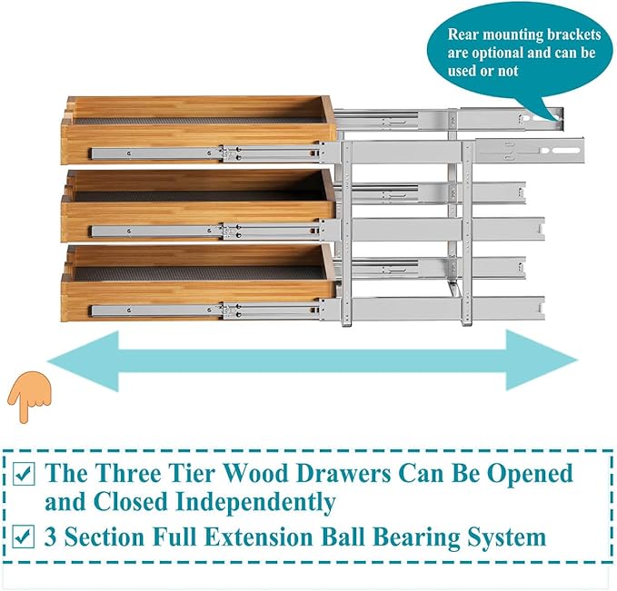 OCG Pull Out Cabinet Drawer 17" W x 21" D, 3 Tier Pull Out Cabinet Organizer, Heavy-Duty Slide Out Drawer for Cabinets, Organization for Kitchen, Pantry, Bathroom