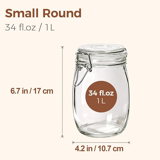 ComSaf 3-Pack 34oz Round Glass Apothecary Jars, Farmhouse Decor for Kitchen Counter Display, Airtight Cookie & Candy Jar for Coffee & Food Storage