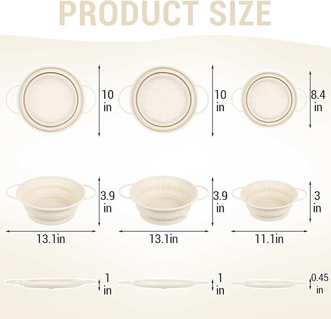 3 Pack Collapsible Colander with Strainer Bowl Set, 11 & 13 In BPA-Free Silicone Colanders for Kitchen, Heat-Resistant Strainer Dishwasher Safe Baskets for Vegetable Fruits(White)