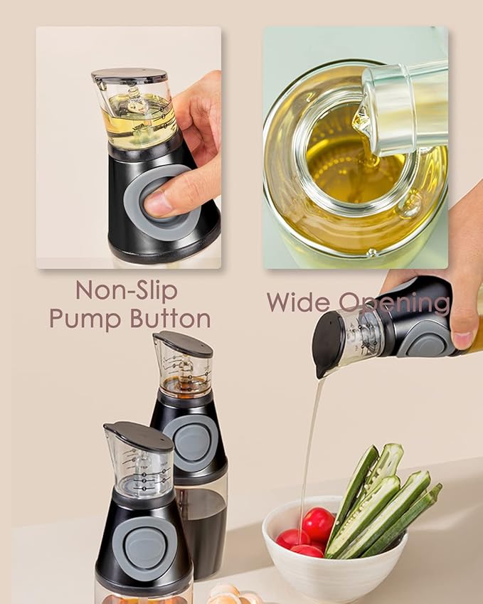 Oil Dispenser Bottle, 8.5oz Olive Oil Dispenser Oil Sprayer, Clear Glass Refillable Oil and Vinegar Dispenser Bottle with Measuring Scale Pump for Kitchen, Cooking, Salads, Baking Frying