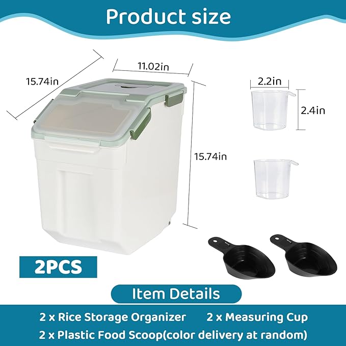 PENCK Rice Storage Container 50 lbs Large Household Flour Sugar Containers Airtight Grain Cereal Dispenser with Wheels, Locking Lid & Measuring Cup for Kitchen Pantry Organization, 2 Pack(Green)