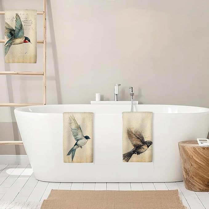 3 Pcs Vintage Bird Kitchen Towels, Artistic Decorative Absorbent Microfiber Dish Cloth Tea Towel, Watercolor Waffle Soft Hand Towels for Kitchen Home Bathroom, Housewarming Gifts