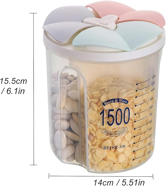 Airtight Kitchen Food Storage Container, Leak-Proof BPA Free Plastic Plastic Dry Cereal Dispensers Containers with Durable Lids for Flour, Sugar, Rice (1500ml-3 Grid)
