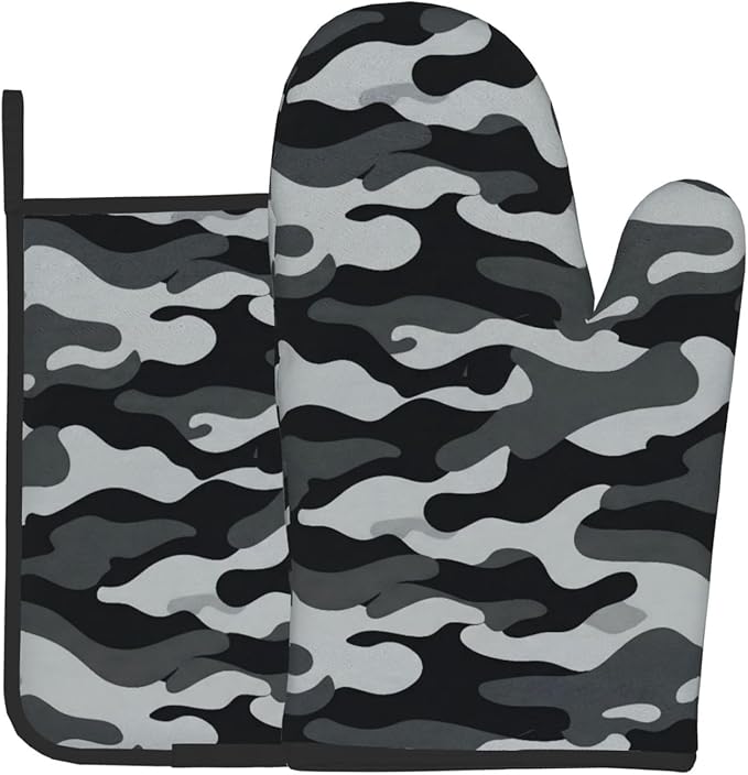 Black and Gray Gcamouflage Oven Mitts and Pot Holders Heat Resistant Oven Mitts Safe for Baking Cooking BBQ