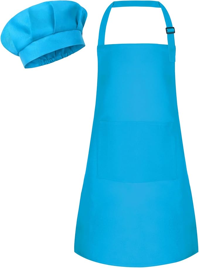 Kids Apron and Chef Hat Set Children Apron Adjustable with 2 Pockets Children Chef Painting for Cooking Baking