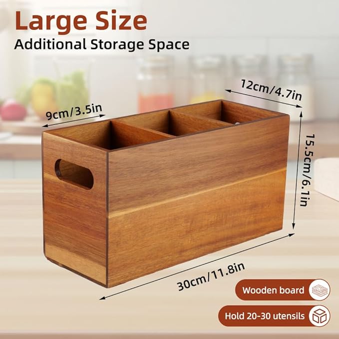 Wooden Utensil Holder for Kitchen Counter, 12'' Extra Large Acacia Kitchen Utensil Holder with 3 Removable Compartments, Wood Utensil Organizer Storage for Cooking Tools and Cutlery