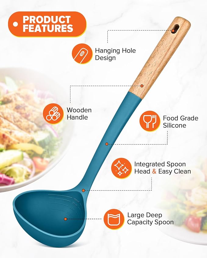 Pasta Fork and Ladle Set, Perfect for Serving Hot Soup, Stirring, and Sauce Pasta, BPA-Free Matte Silicone, Wood Handle Spaghetti Spoon for Nonstick Cooking Surfaces (Blue)