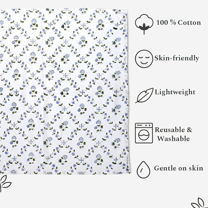 Ridhi Powder Blue Hand Block Print 100% Cotton Napkins 18" x 18" (Set of 4) Reuseable Kitchen Napkins Cloth Decor Dinner Party Wedding Cocktail Gift for Spring, Easter, Valentine