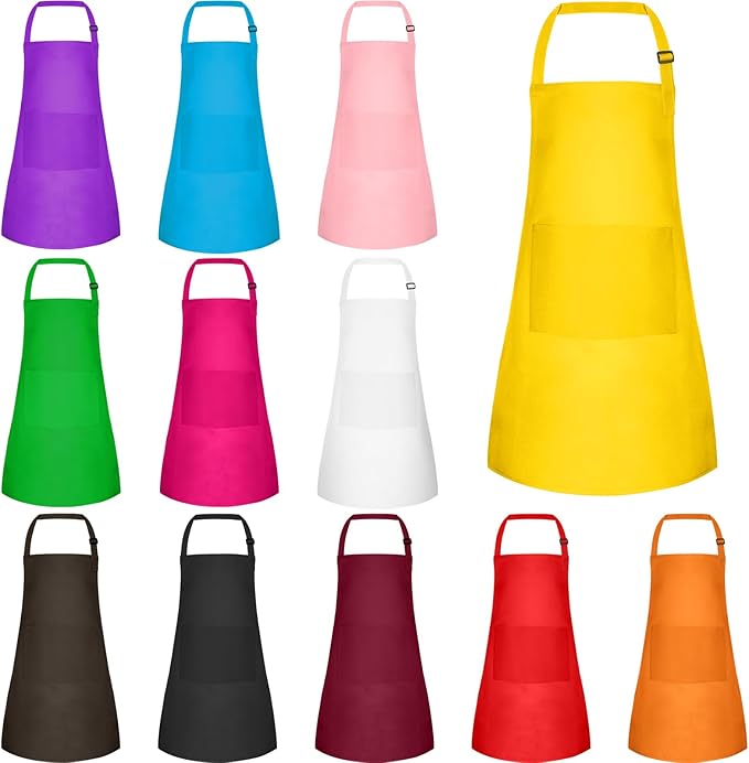12 Pack Kids Apron bulk with 2 Pockets Adjustable Chef Art Apron Kids Painting Aprons for Cooking Baking Painting Crafting Grilling Activity（12 Color）