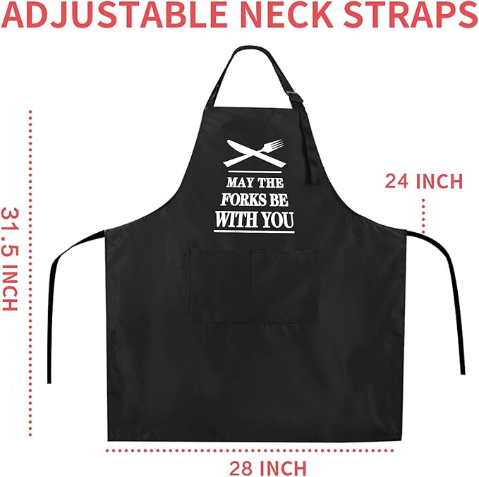 Rosoz Funny BBQ Black Chef Aprons for Men, May the Forks be with You Adjustable Kitchen Cooking Aprons with Pocket Waterproof Oil Proof Father’s Day/Birthday