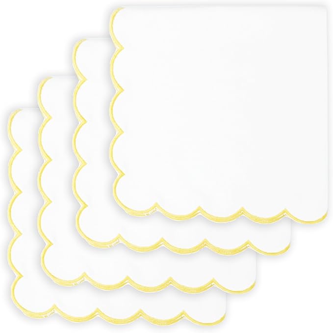PurpleEssences Scalloped Embroidery Cloth Napkins - Spring Easter Summer - Table Decor - 100% Cotton - Set of 4-18x18 inch - White - Edges - Yellow