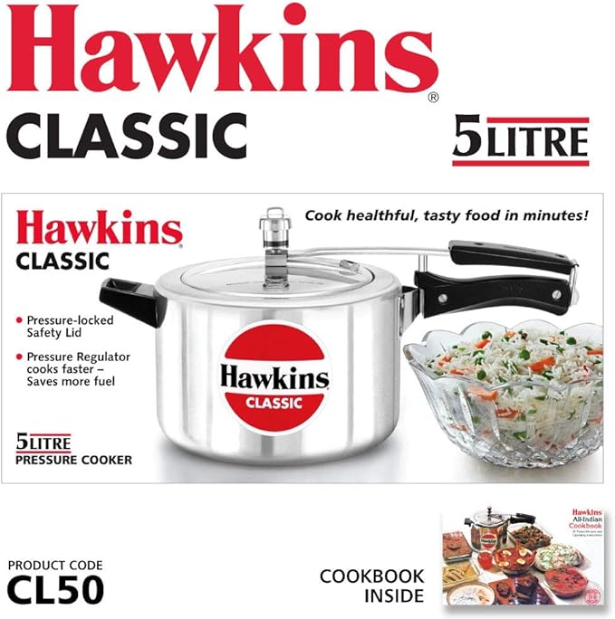 Hawkins Aluminium 5 Litre Classic Pressure Cooker, Best Inner Lid Cooker, Silver (Cl50)