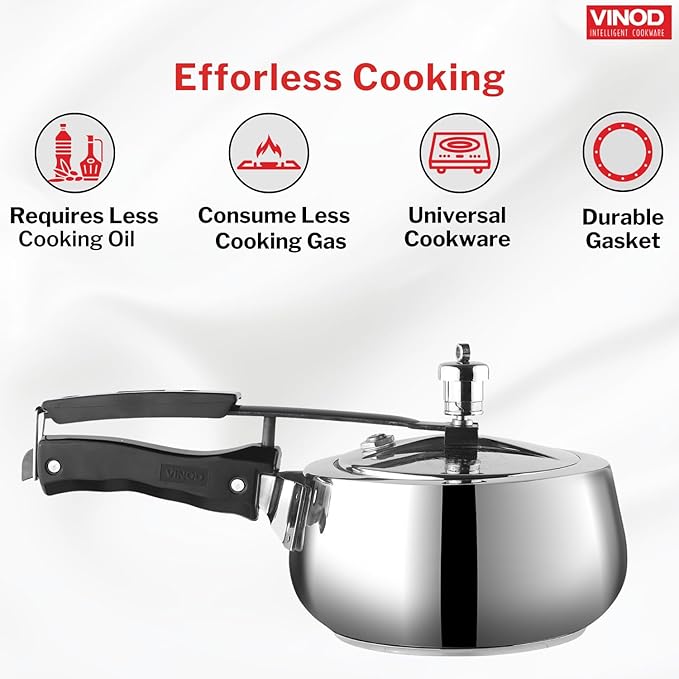 Vinod Europa Stainless Steel Inner Lid Pressure Cooker - 3 Litre | Handi Shape | Sandwich Bottom Cooker | Induction and Gas Base | ISI and CE certified