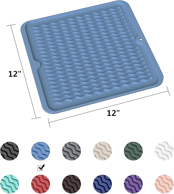 ZLR Silicone Dish Drying Mat 12" x 12" Square - Small Heat Resistant Trivet & Countertop Protector for Air Fryer, Coffee Maker - Waterproof Kitchen Drain Pad for Cups, Fruit (Lichen Blue)