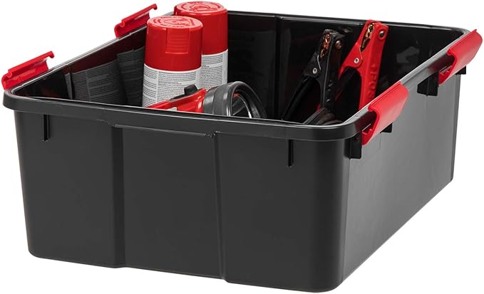 IRIS USA WeatherPro 31 Qt Storage Bins with Lids, 4 Pack, BPA-Free Plastic Gasket Box with Tight Latch and Seal, Stackable Nestable Tote Tub - Black/Red