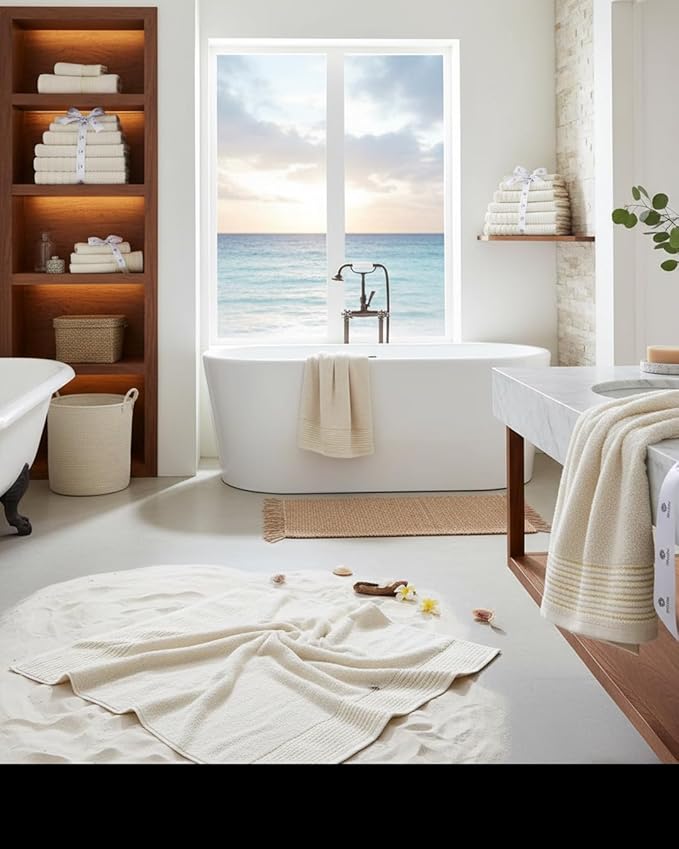 BIOLINEN 6-Piece Luxury Towel Set Ivory - 2 Bath Towels, 2 Hand Towels, 2 Washcloths - Soft Absorbent Cotton Towel Pack for Bathroom, Home, Gym & Travel