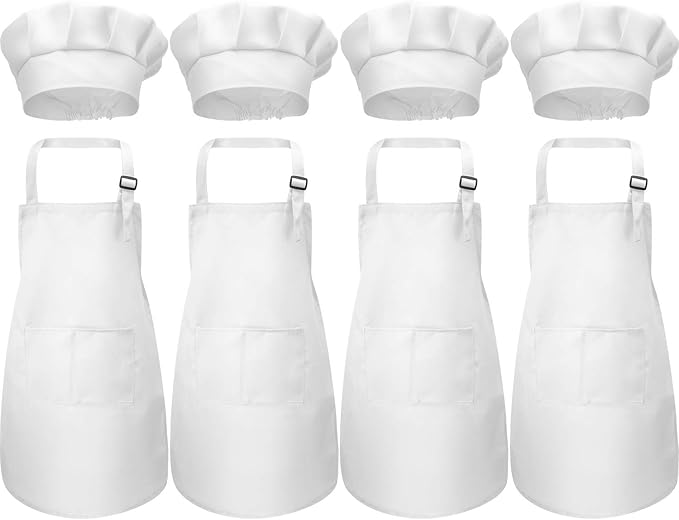 CHENGU 8 Pcs Kids Apron and Chef Hat Set Child Aprons 2 Pocket for Boy Girl Toddler Cooking Painting, Ages 2-13(White,Medium)
