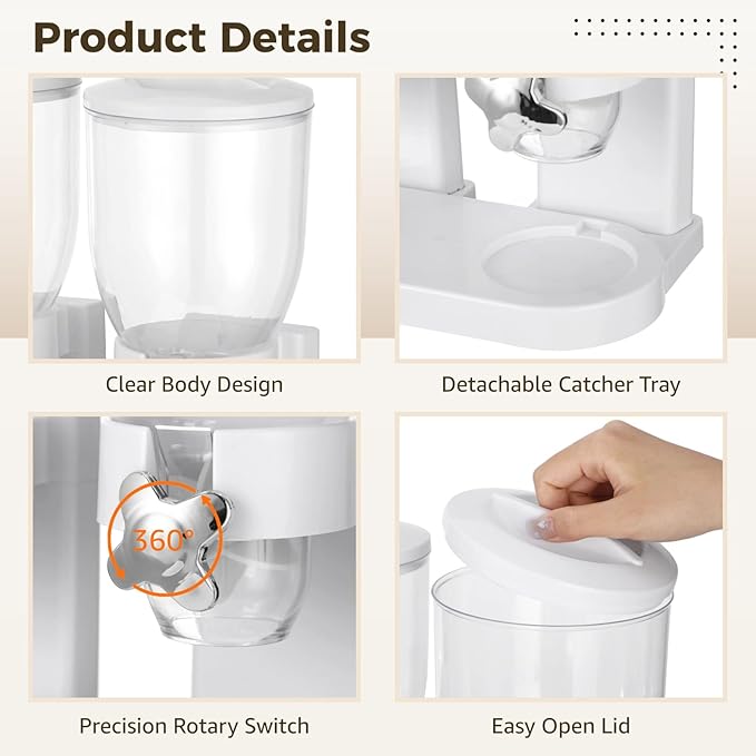 Triple Cereal Dispenser Countertop, 2L Each Capacity Dry Food Storage Container, Easy Refill Plastic Cereal Dispenser for Grains, Nuts, Coffee Beans, Candies