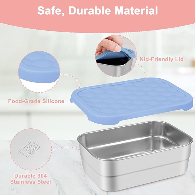 Caperci 25oz Stainless Steel Food Containers, 3-Pack Bento Lunch Box with Silicone Lids, Leak-Proof Reusable Meal Prep Container for Sandwiches & Snacks, BPA-Free (720ML)