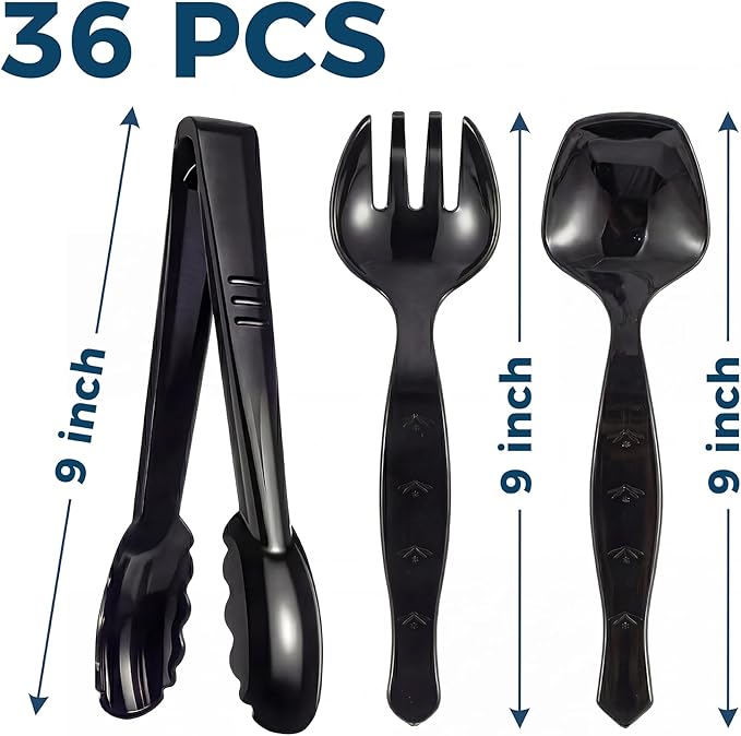 36 Pcs Disposable Serving Utensils Set - 9 Inch Black Tongs, Forks, Spoons for Restaurants, Catering, Party Supplies, Buffet, Wedding, Picnic