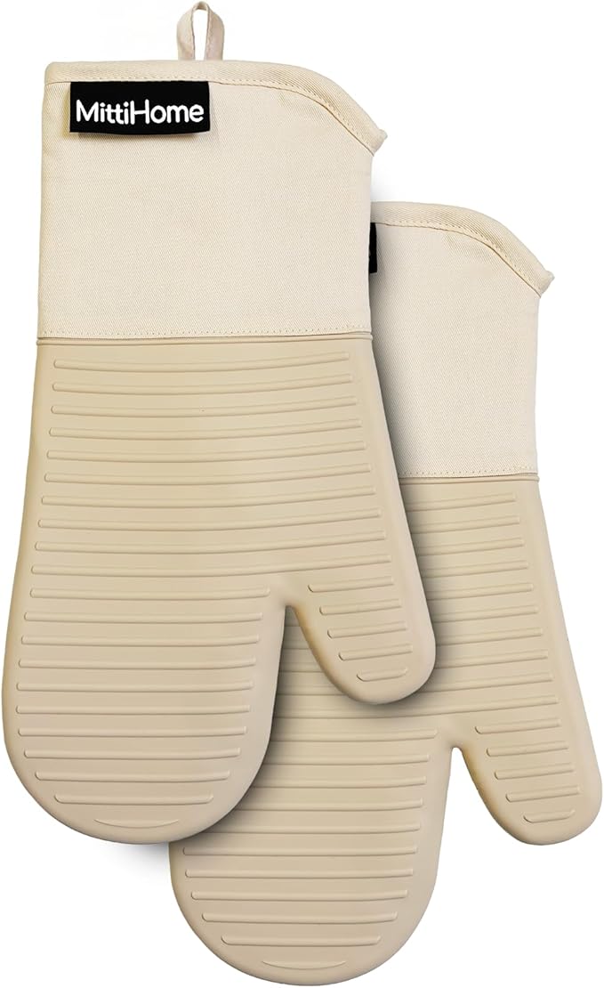 MittiHome™ Heat Resistant Oven Mitts (Set of 2) – 500°F Non-Slip Silicone Kitchen Gloves with Quilted Cotton Comfort (Milkshake Beige)