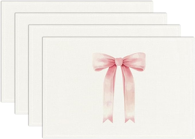 Pink Bow Placemats Set of 4, Table Mat for Home Kitchen, Restaurants, Outdoor Linen Washable Place Mats 12x18 inch Party Event Dining Decoration-05
