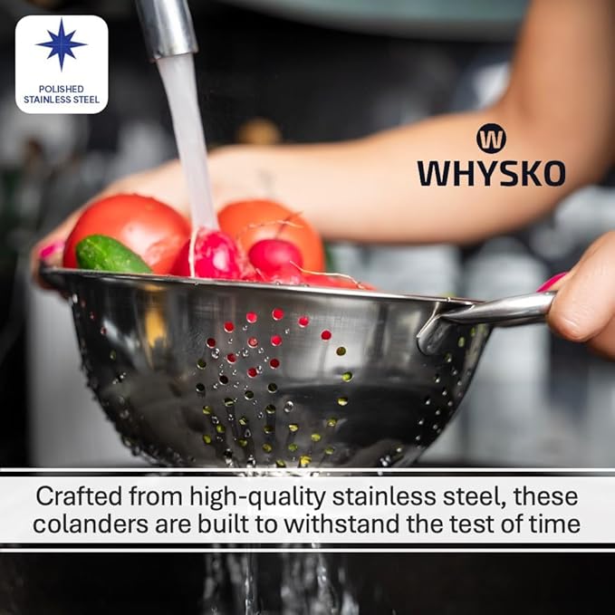 Whysko 3 Pack Stainless Steel Colanders with Handles - 5 Qt, 3 Qt, 1 Qt - Durable Colander for Kitchen Strainers and Colanders Set - Ideal Metal Colander for Pasta, Vegetables, Food Prep