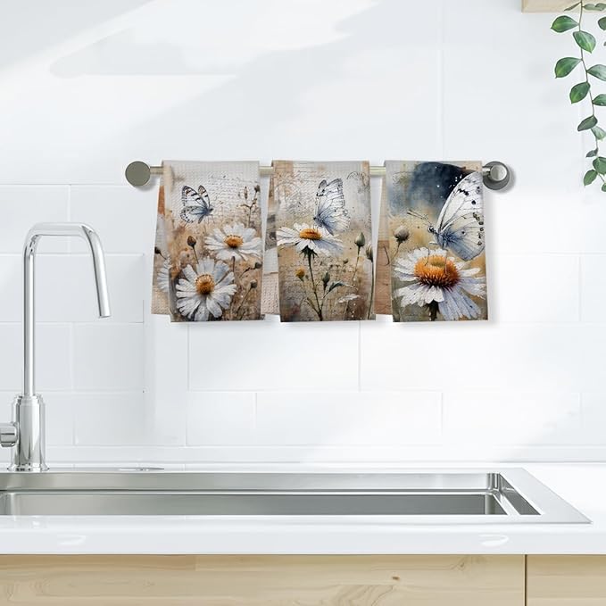 ZHAMEN 3 Pcs Vintage Daisy Kitchen Towels, White Butterfly Decorative Absorbent Microfiber Dish Cloth Tea Towel, Watercolor Waffle Soft Hand Towels for Farmhouse Home Bathroom, Housewarming Gifts