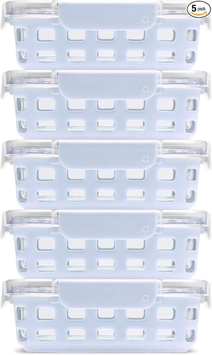 Ello Duraglass 3.4 Cup Meal Prep Sets 10Pc, 5 Pack Set- Glass Food Storage Container with Silicone Sleeve and Airtight BPA-Free Plastic Lids, Dishwasher, Microwave, and Freezer Safe, Halogen Blue