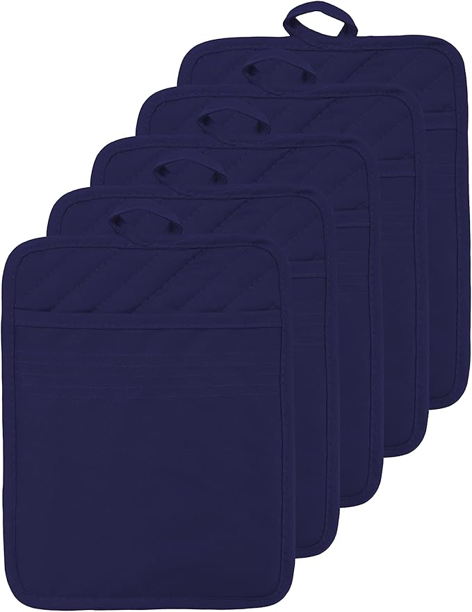 Oven Pot Holder with Pocket Cotton Heat Resistant Coaster Potholder Kitchen Hot Pad Oven Mitts for Cooking Square 7"x9"Set of 5 (Navy Blue)