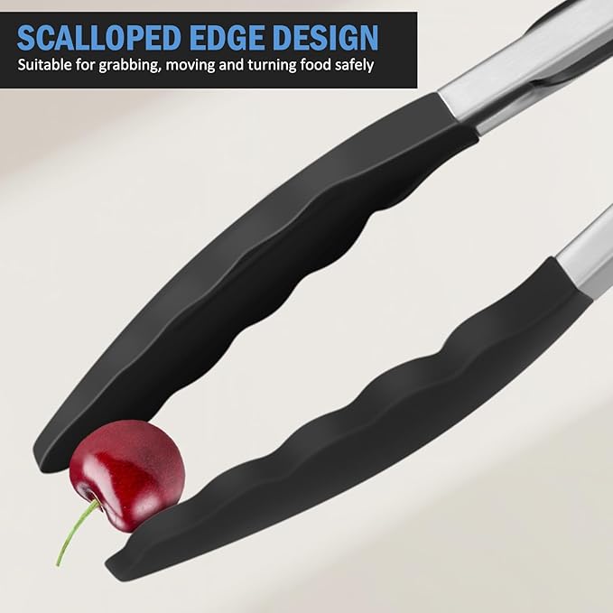 Kitchen Tongs, Stainless Steel Cooking Tongs with Silicone Tips, 600ºF High Heat-Resistant Non Scratch Locking Tongs for Cooking BBQ Grilling Air Fryer Pans, Set of 3 (7" 9" and 12") Black