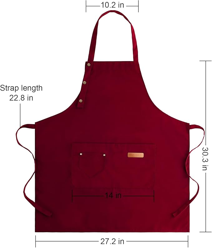 Apron for Men Women with Adjustable Straps and Large Pockets, Canvas Cotton Cooking Kitchen Chef Bib Aprons Waterproof Red