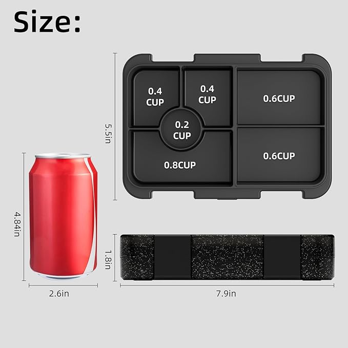 Bento Lunch Box for Kids, 6 Compartments BPA Free, Dishwasher Safe Back to School Snack Bento Lunch Containers Boxes, Ideal Portion Sizes for On-the-Go Meal, Shiny Black