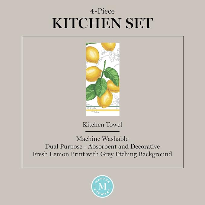 Martha Stewart Lots of Lemons Modern Kitchen Towel, Oven Mitt & Potholder Set, 4-Pack, White-Yellow