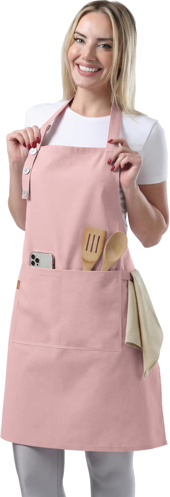 TOSHE Kitchen Apron Waterdrop Resistant Cotton Apron with adjustable Aprons for Women with Pockets 10 Color option Cooking Powder Pink Apron (Powder Pink)