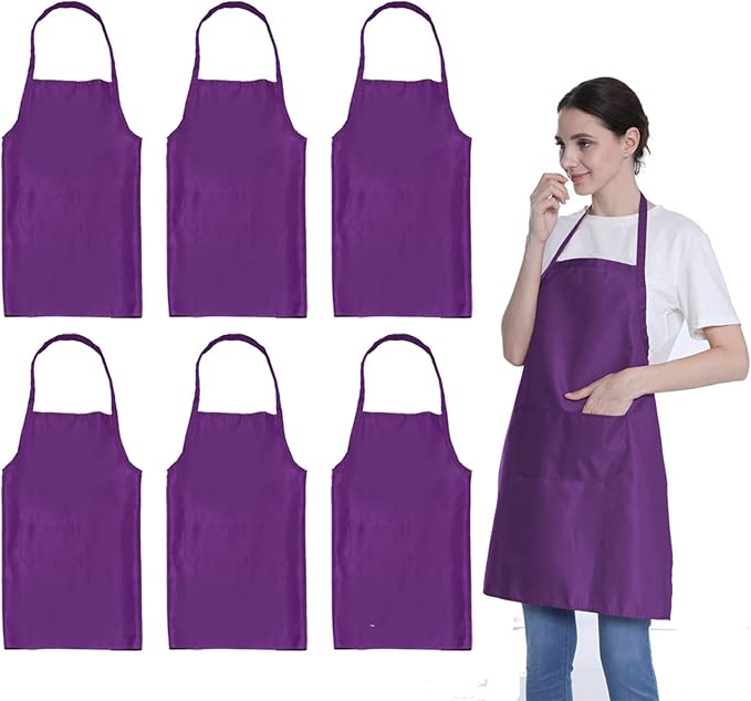 Plain Purple Color Bib Aprons Bulk Adult for Women Men Unisex Chef Apron with 2 Pockets for Cooking Baking Kitchen Restaurant Crafting (Purple,6pcs-size24 X28)